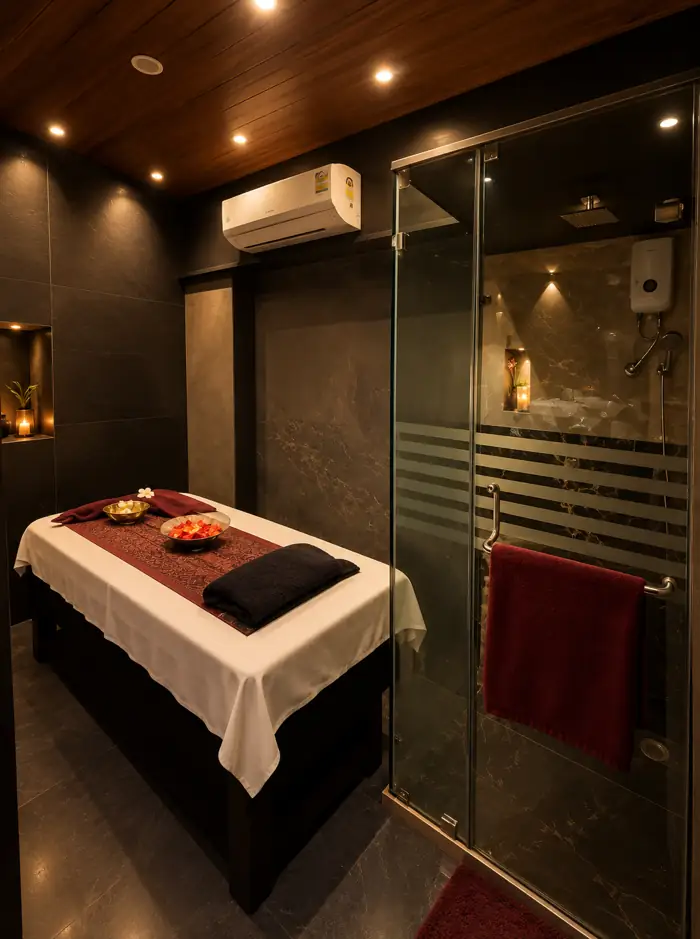 Luxury massage room with attached shower at Florist Wellness Spa